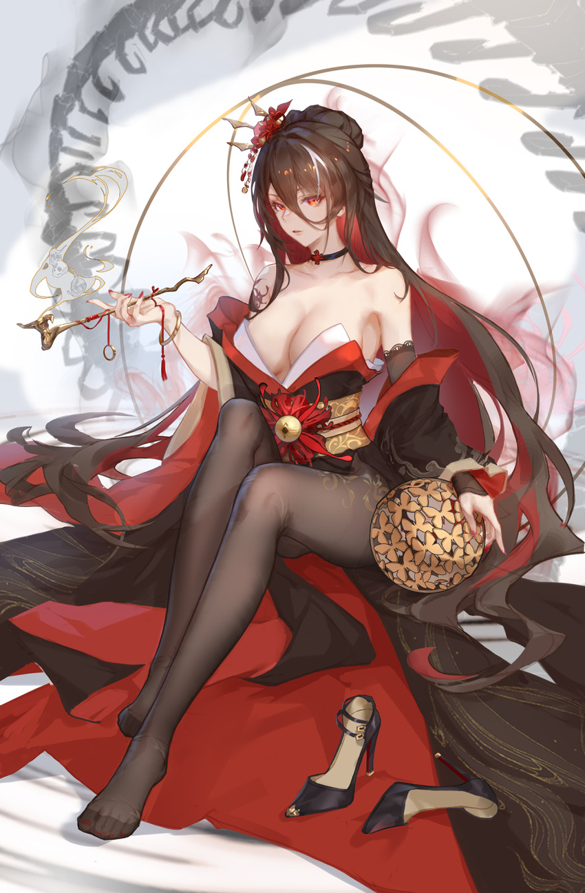 1girl, bare_shoulders, black_choker, black_kimono, black_pantyhose, black_shoes, breasts, brown_hair