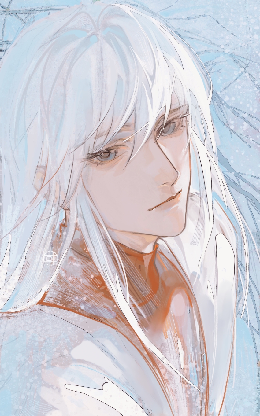 1boy, absurdres, blue_eyes, branch, closed_mouth, coat, flora905, hair_between_eyes