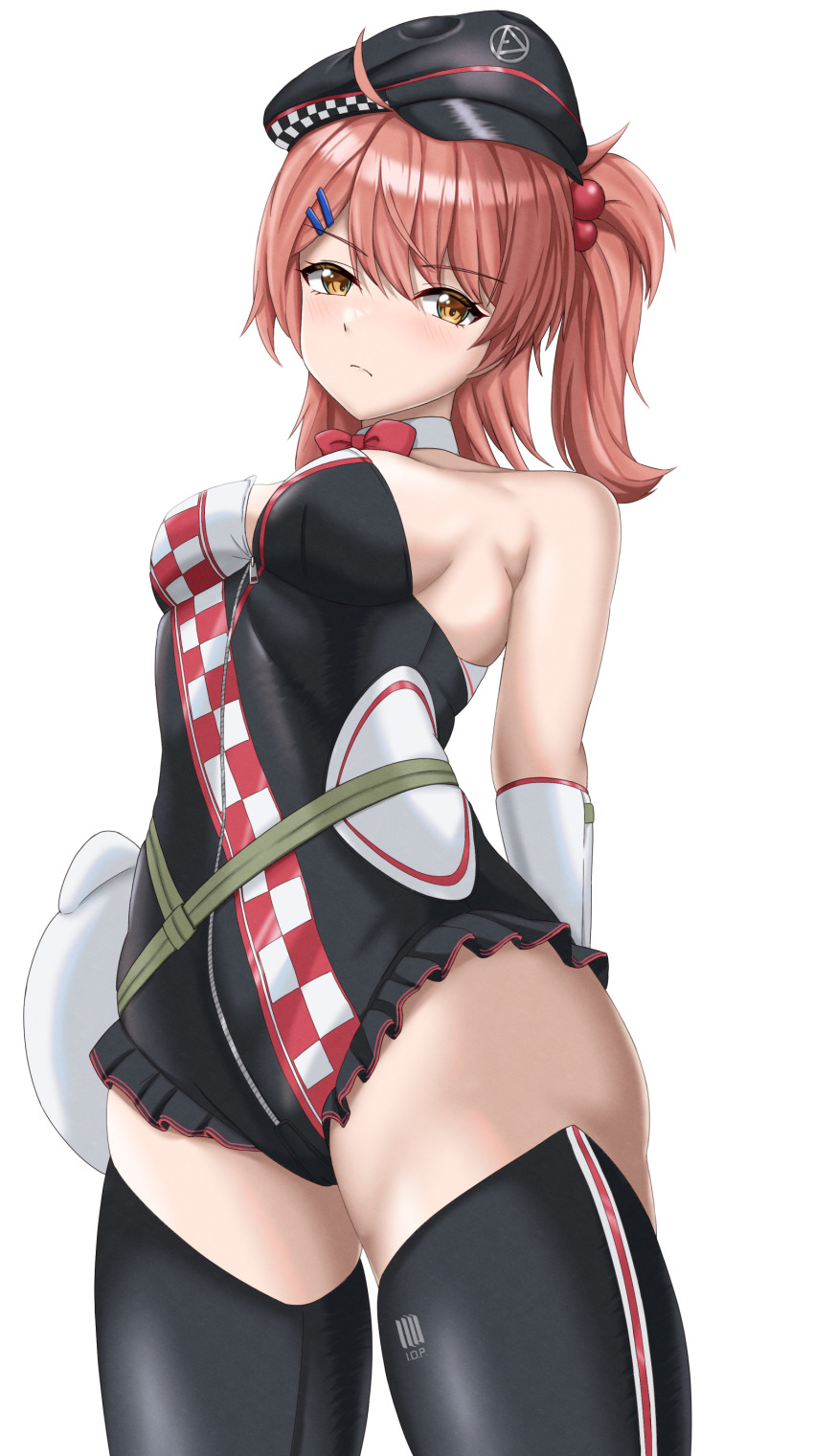 1girl, absurdres, arms_behind_back, bare_shoulders, black_leotard, blush, breasts, cheeta_(sparks_on_the_circuit)_(girls'_frontline_2)