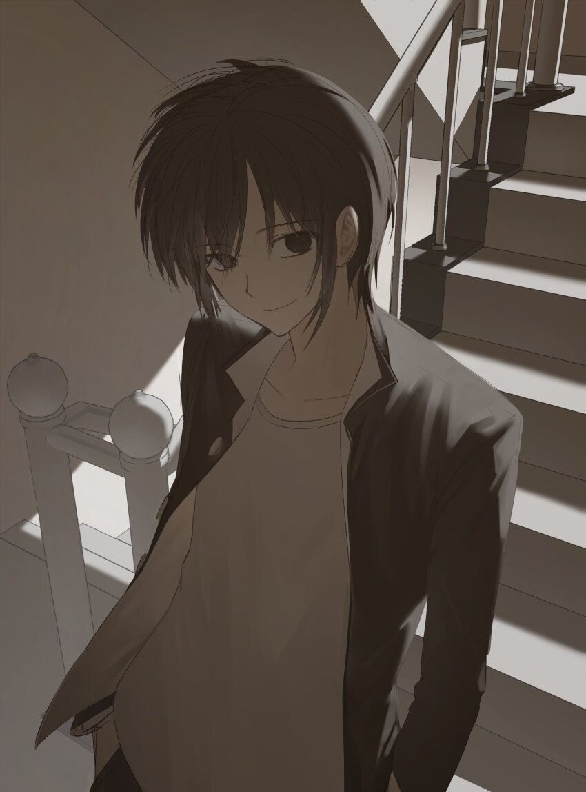 1boy, absurdres, backlighting, black_eyes, black_hair, black_jacket, black_pants, closed_mouth, gaezugi2_2, gakuran, highres, jacket, long_sleeves, looking_at_viewer, male_focus, open_clothes, open_jacket, pants, randal's_friends, school_uniform, shirt, short_hair, smile, solo, stairs, stairwell, tsukada_satoru, white_shirt