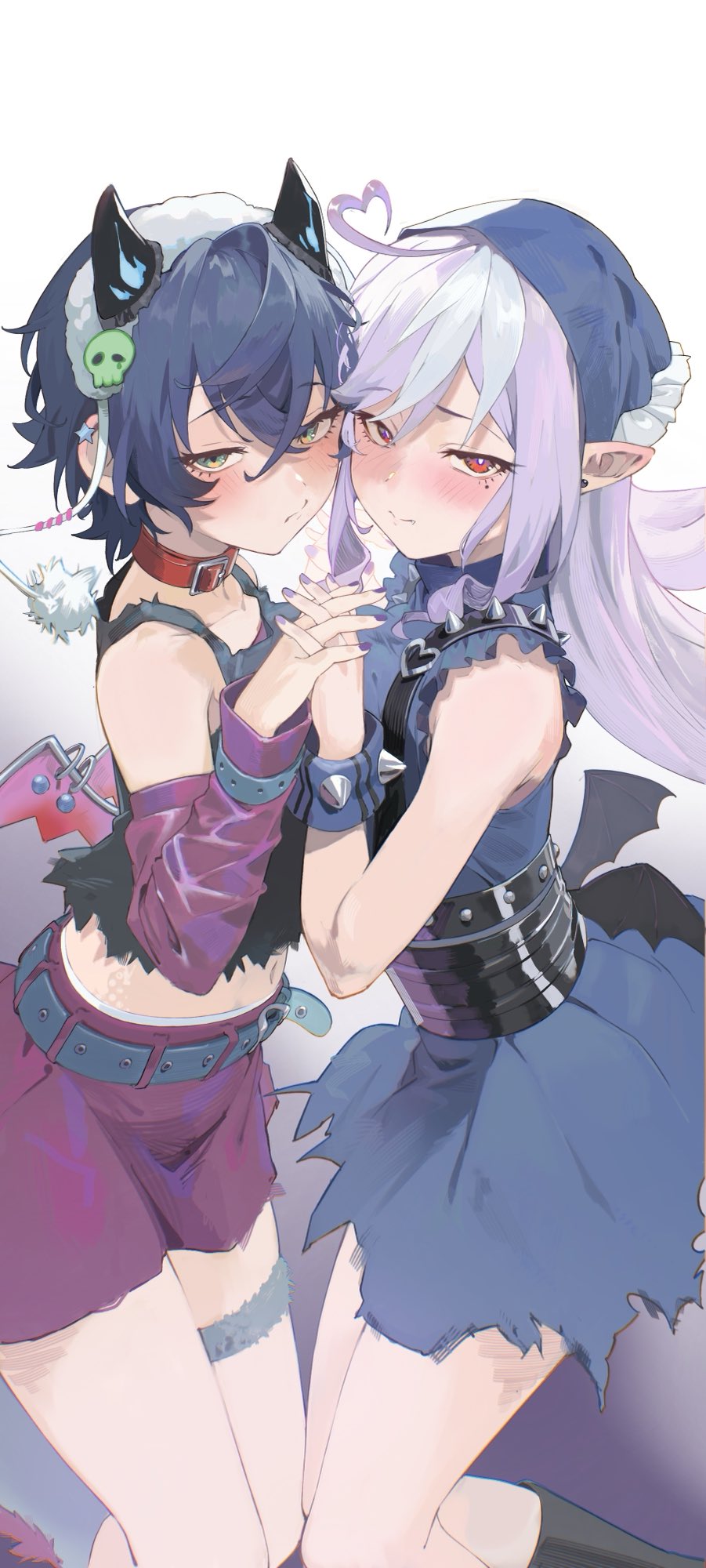 2girls, a.k.a.zkin, ahoge, bare_shoulders, bat_wings, belle_(zenless_zone_zero), belt, belt_buckle