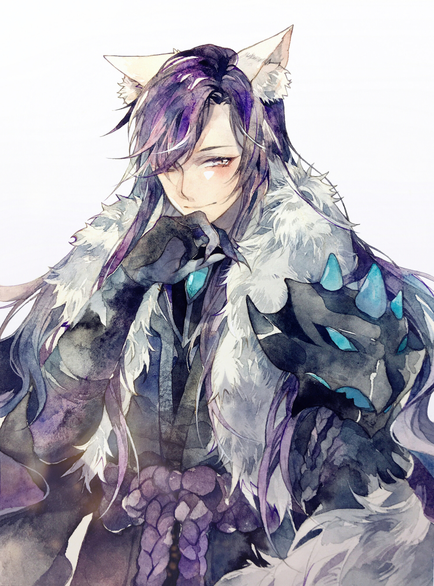 1boy, animal_ears, aqua_gem, asymmetrical_bangs, black_shirt, character_request, chest_jewel, claws