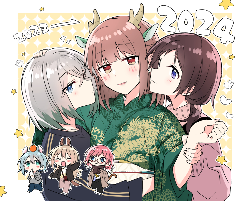 2024, 6+girls, :3, ^_^, animal_ears, arrow_(symbol), black_pants, black_shirt