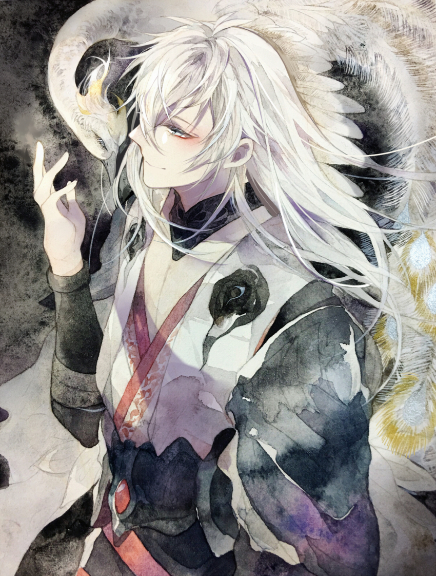 1boy, arm_up, bird, black_choker, black_sleeves, chinese_clothes, choker, closed_mouth