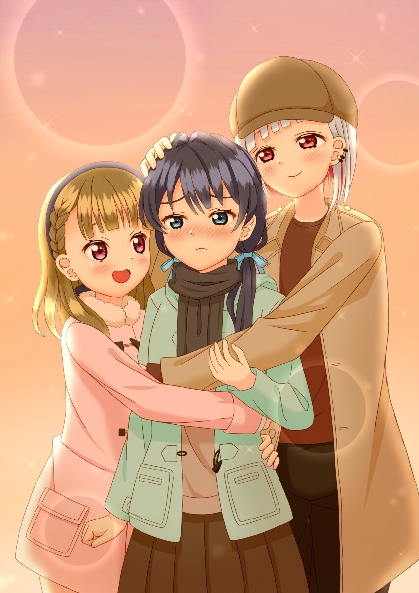 3girls, absurdres, aqua_coat, black_bow, black_pants, black_scarf, blue_eyes, blue_hair