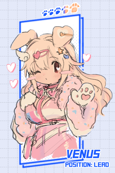 1girl, animal_ears, bad_id, bad_twitter_id, bag, blonde_hair, blush_stickers, brown_eyes, character_name, cropped_torso, dog_ears, dog_girl, dress, grid_background, hair_ornament, hairclip, hand_up, heart, heart_hair_ornament, ilion_sled_dog_sanctuary, lapithai, long_hair, one_eye_closed, pink_dress, sketch, solo, venus_(ilion), wing_hair_ornament