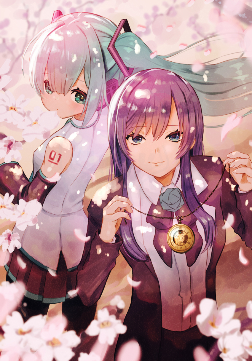 2girls, absurdres, ado_(utaite), aqua_eyes, aqua_hair, black_bow, black_bowtie, black_coat