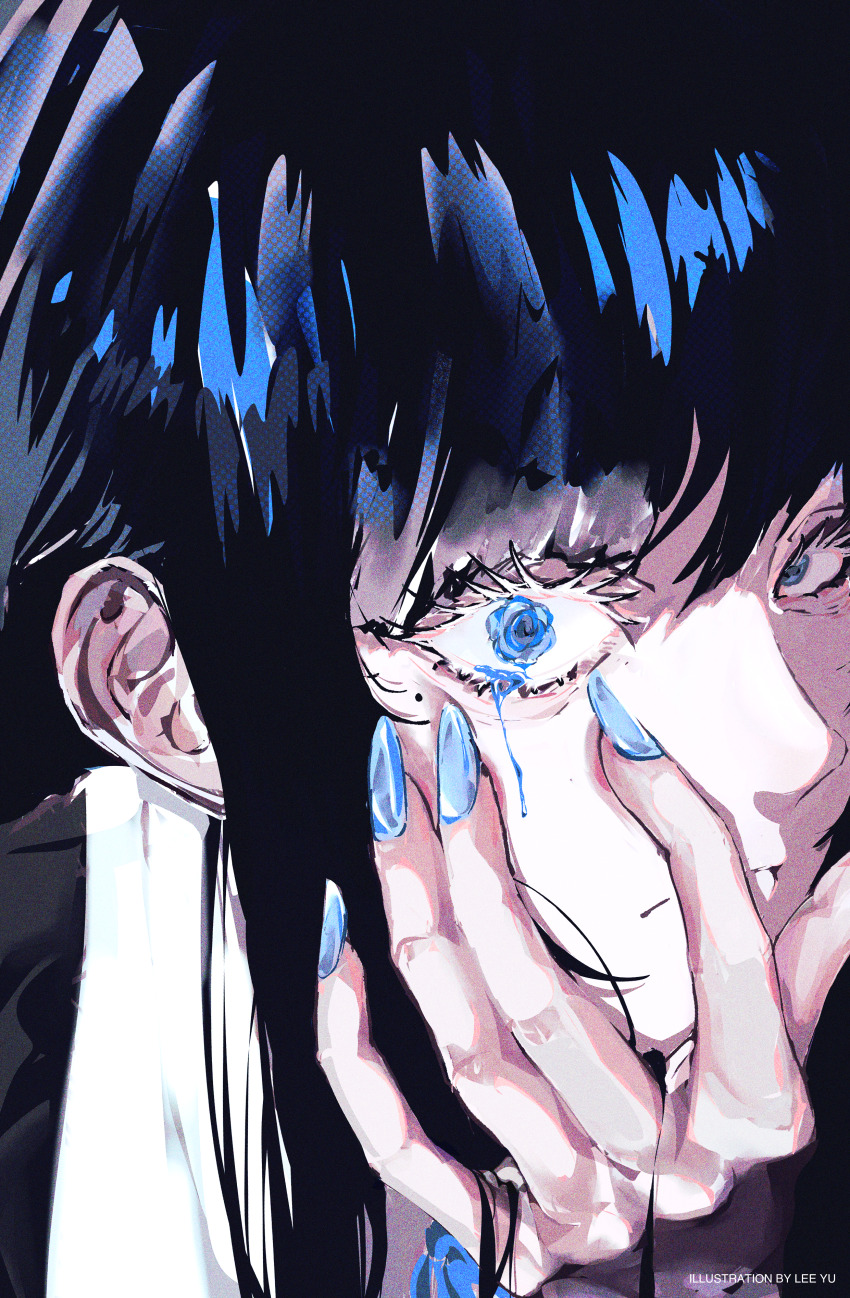 1girl, absurdres, ado_(utaite), black_hair, blue_nails, chando_(ado), colored_tears, commentary