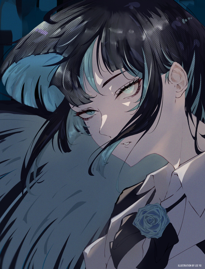 1girl, absurdres, ado_(utaite), aegyo_sal, artist_name, black_hair, blue_eyes, blue_flower