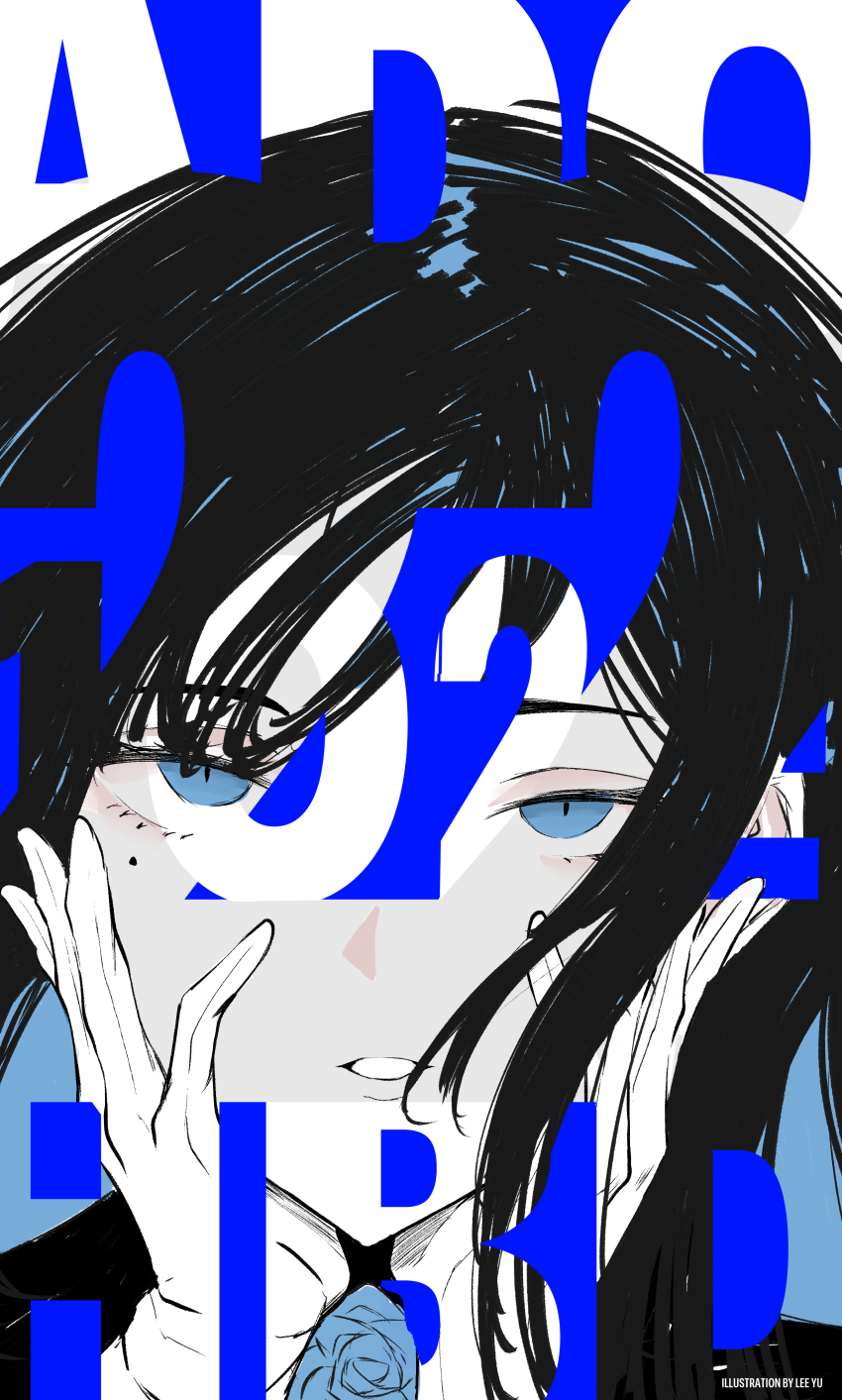 1girl, absurdres, ado_(utaite), black_hair, blue_eyes, blue_flower, blue_rose, brooch, chando_(ado), colored_inner_hair, commentary, english_commentary, flower, flower_brooch, gloves, hands_on_own_cheeks, hands_on_own_face, highres, lee_yu, long_hair, looking_at_viewer, mole, mole_under_eye, multicolored_hair, open_mouth, portrait, rose, sidelocks, solo, utaite, white_gloves