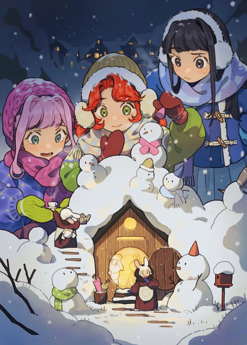 6+girls, animal_ears, apron, aqua_eyes, aqua_mittens, birdhouse, black_eyes, black_hair