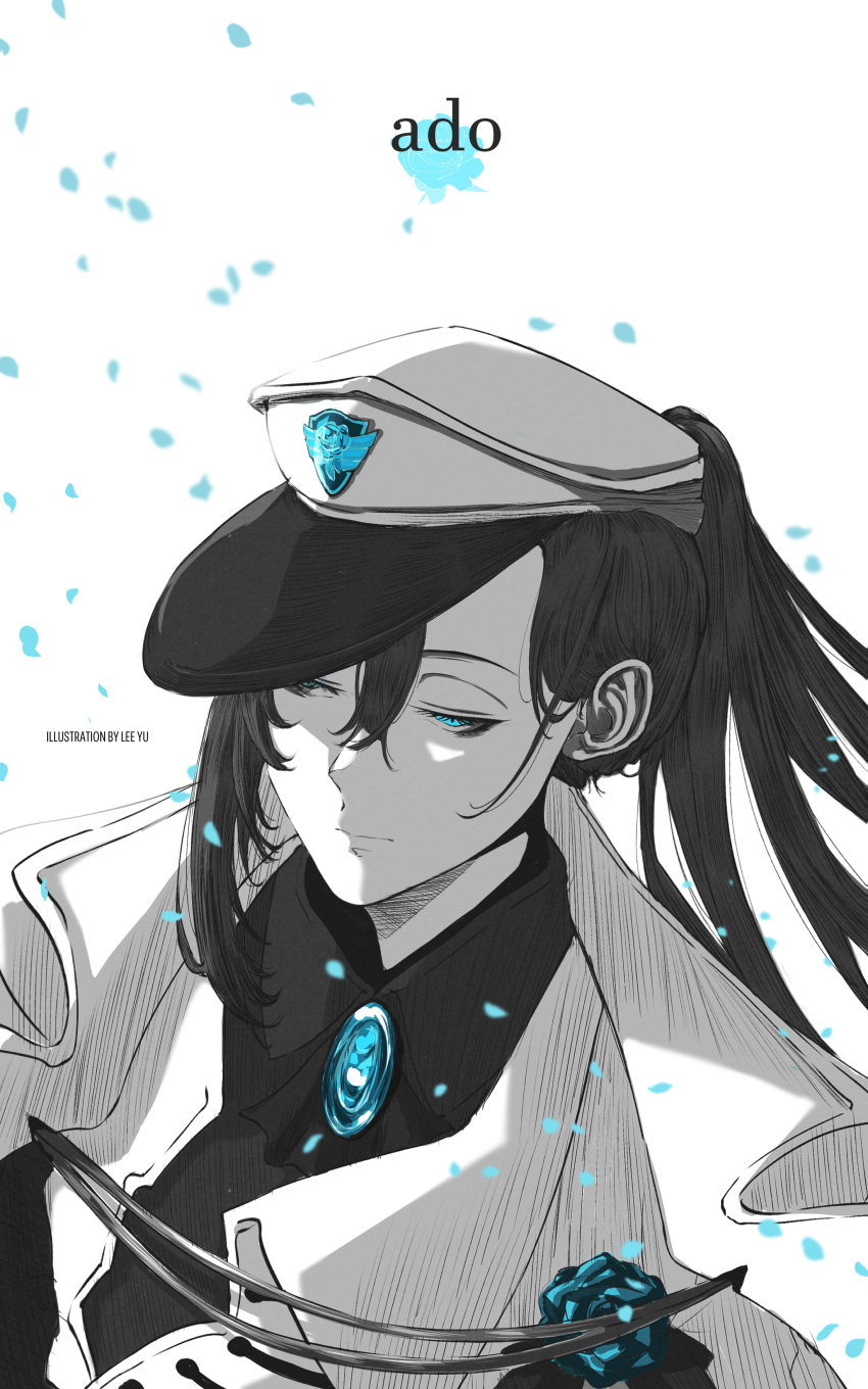 1girl, absurdres, ado_(utaite), artist_name, black_hair, blue_eyes, blue_flower, blue_rose