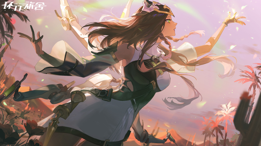 1girl, bare_shoulders, braid, breasts, brown_hair, copyright_name, dress, dutch_angle