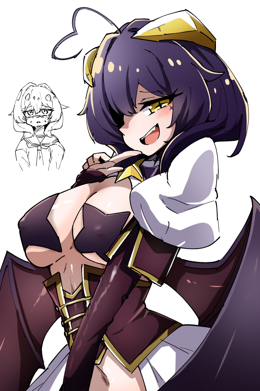 1girl, absurdres, ahoge, bat_wings, breasts, caseee999, cleavage, covered_erect_nipples