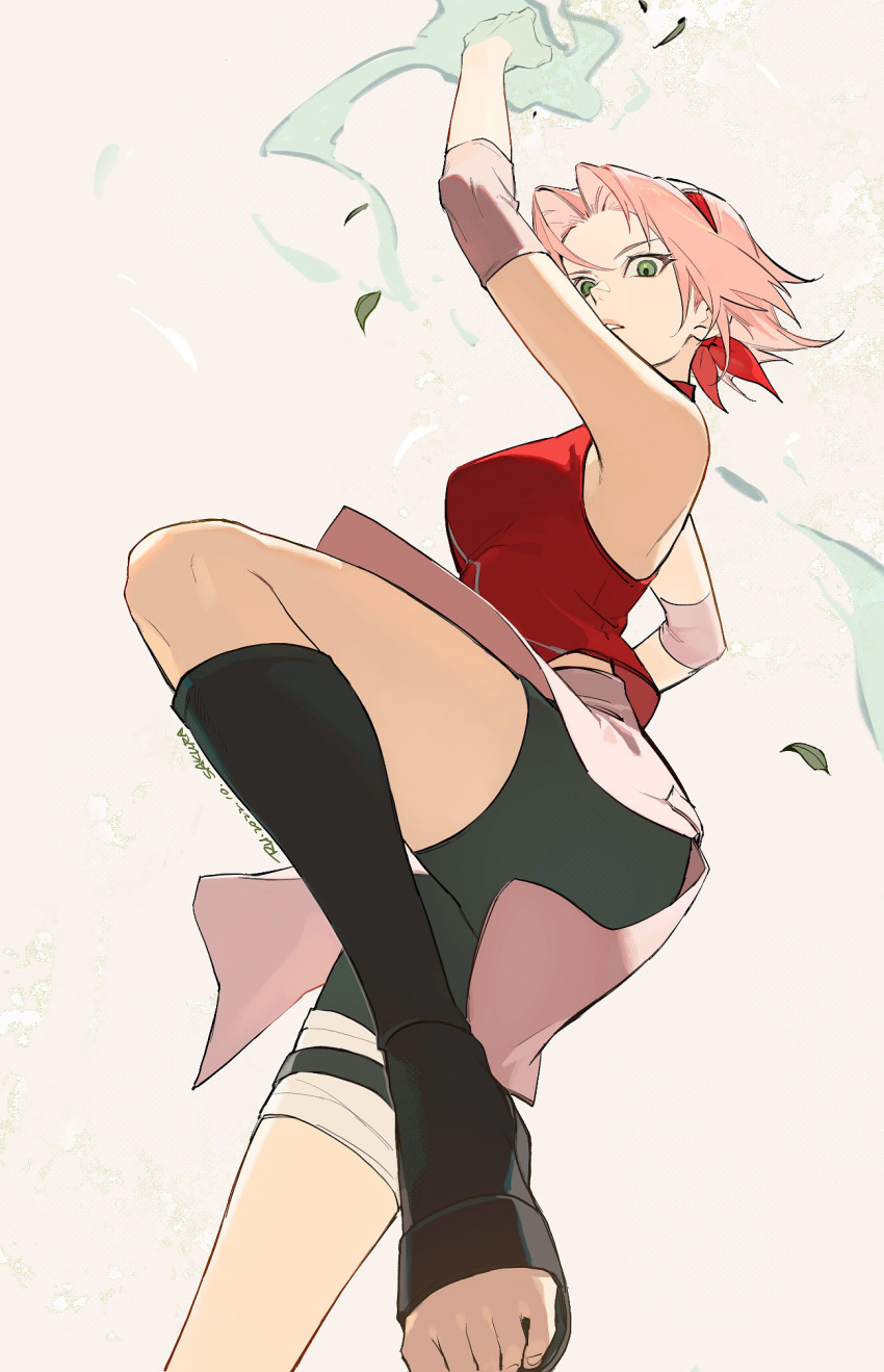 1girl, arm_up, armpits, bandaged_leg, bandages, bike_shorts, black_shorts, boots, breasts, feet, green_eyes, hairband, haruno_sakura, highres, knee_boots, looking_at_viewer, medium_breasts, naruto_(series), overskirt, pink_hair, red_hairband, red_shirt, ru_(famia), sandals, shirt, short_hair, short_shorts, shorts, simple_background, skirt, sleeveless, sleeveless_shirt, solo, toes, white_background