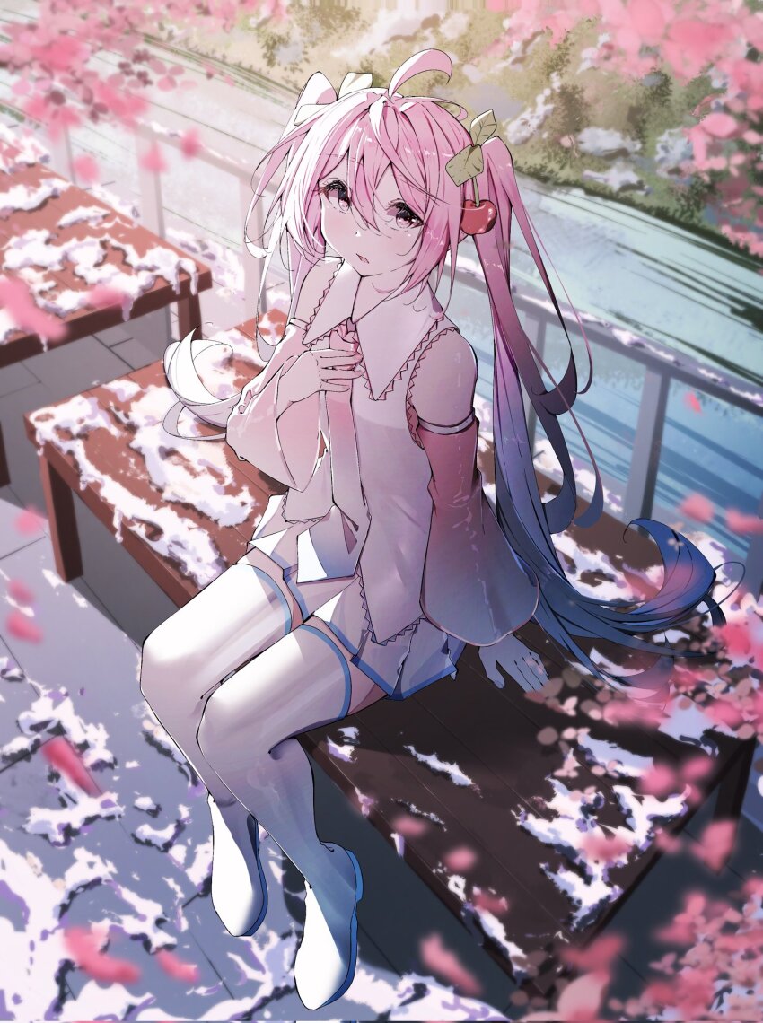 1girl, ahoge, bench, blue_trim, boots, cherry, cherry_blossoms, cherry_hair_ornament