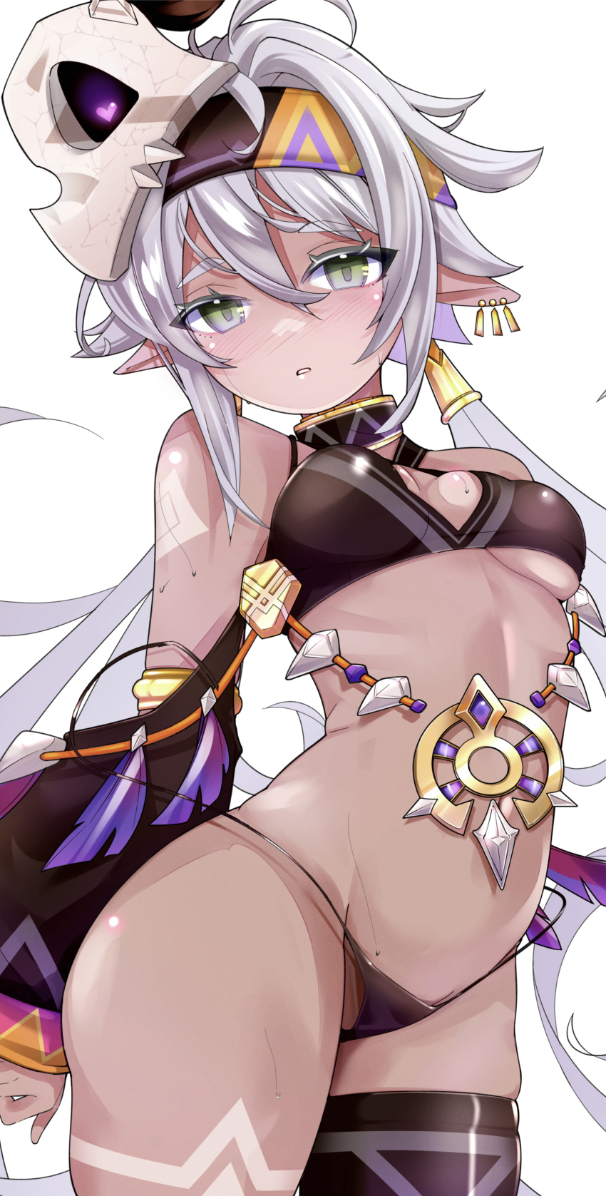1girl, absurdres, aged_up, ahoge, arm_tattoo, bare_shoulders, black_bra, black_headband, black_panties, black_thighhighs, blush, bra, breasts, commentary_request, dark-skinned_female, dark_skin, ear_piercing, elf, genshin_impact, green_eyes, grey_hair, hair_between_eyes, half-closed_eyes, head_tilt, headband, highres, iansan_(genshin_impact), leg_tattoo, long_hair, looking_at_viewer, low_twintails, micro_panties, orange_headband, panties, piercing, pointy_ears, saramowa, simple_background, single_thighhigh, skull_on_head, small_breasts, solo, standing, stomach, tattoo, thighhighs, twintails, underwear, very_long_hair, wardrobe_malfunction, white_background