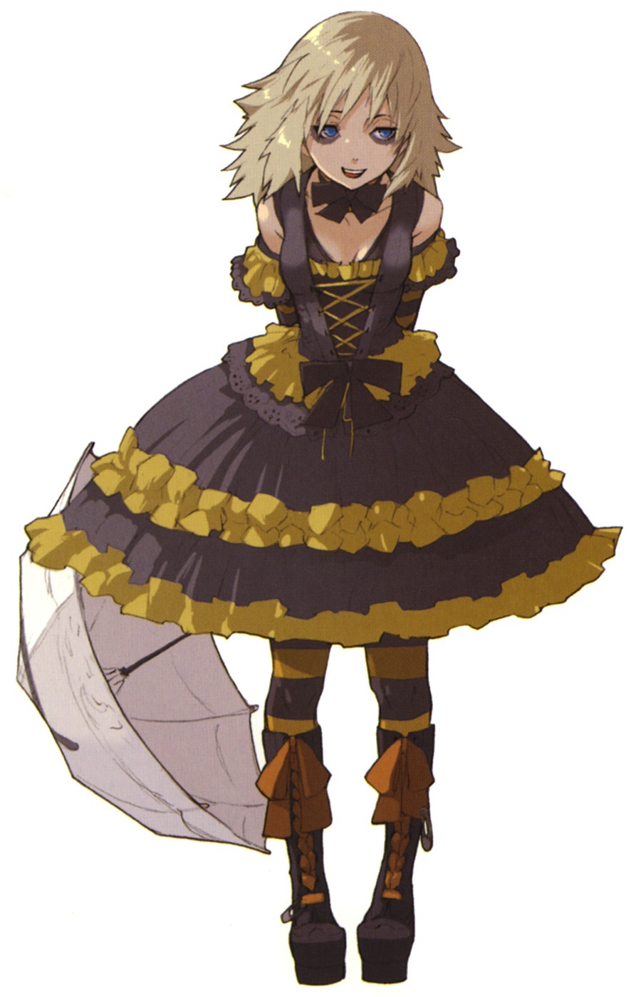 00s, 1girl, baccano!, bags_under_eyes, blonde_hair, blue_eyes, breasts, child, dress, enami_katsumi, female_focus, gothic_lolita, highres, illness_(baccano), lolita_fashion, long_hair, official_art, pantyhose, ribbon, scan, small_breasts, smile, solo, striped_clothes, striped_pantyhose, umbrella