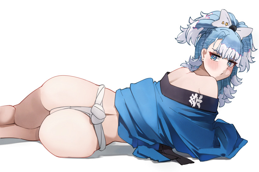 1girl, absurdres, alternate_costume, ass, ass_focus, bare_legs, blue_eyes, blue_hair