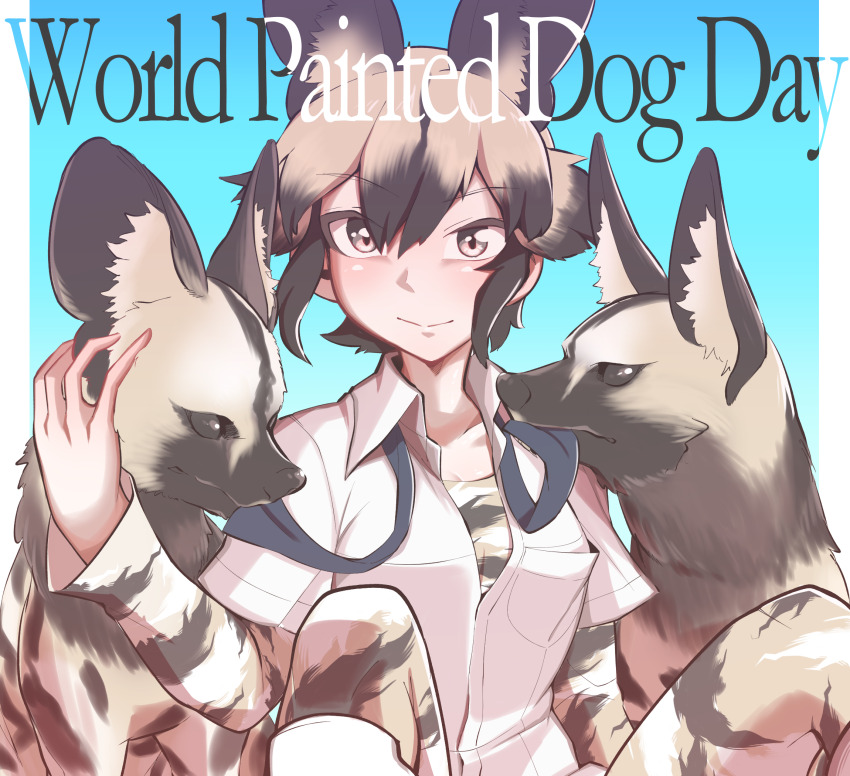 1girl, african_wild_dog, african_wild_dog_(kemono_friends), animal_ears, animal_print, black_hair, blush, bow