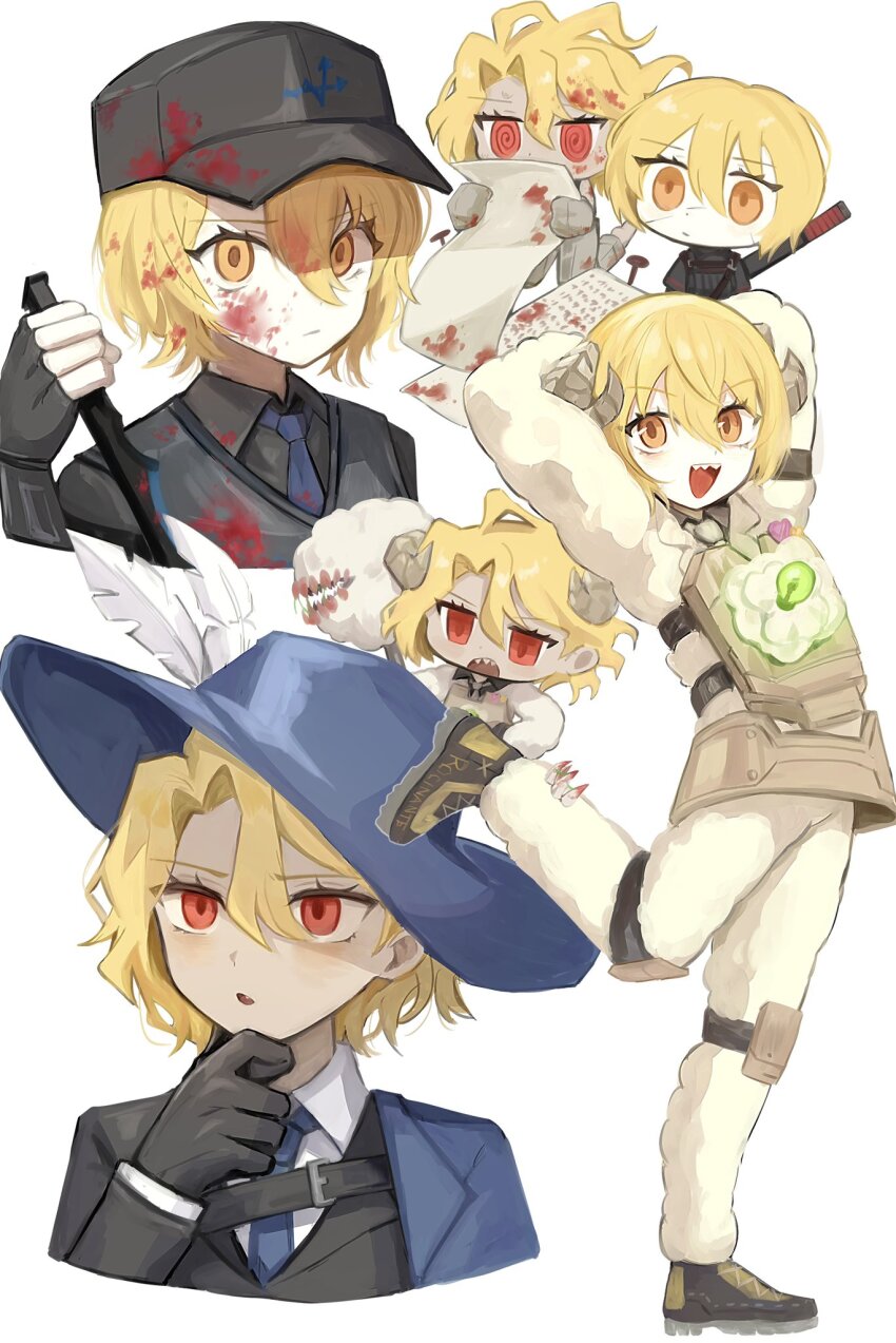 6+girls, :d, :o, @_@, black_gloves, black_hat, black_shirt, black_vest