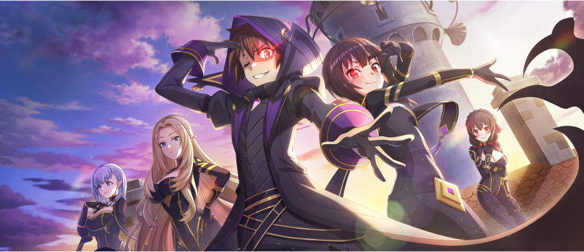 1boy, 4girls, alpha_(kagejitsu), alpha_(kagejitsu)_(cosplay), arm_under_breasts, back-to-back, belt, beta_(kagejitsu)