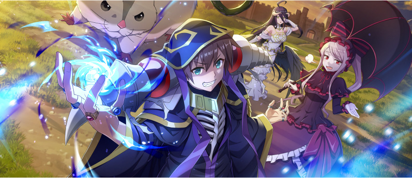 1boy, 2girls, ahoge, ainz_ooal_gown, ainz_ooal_gown_(cosplay), albedo_(overlord), arm_up, armpit_crease