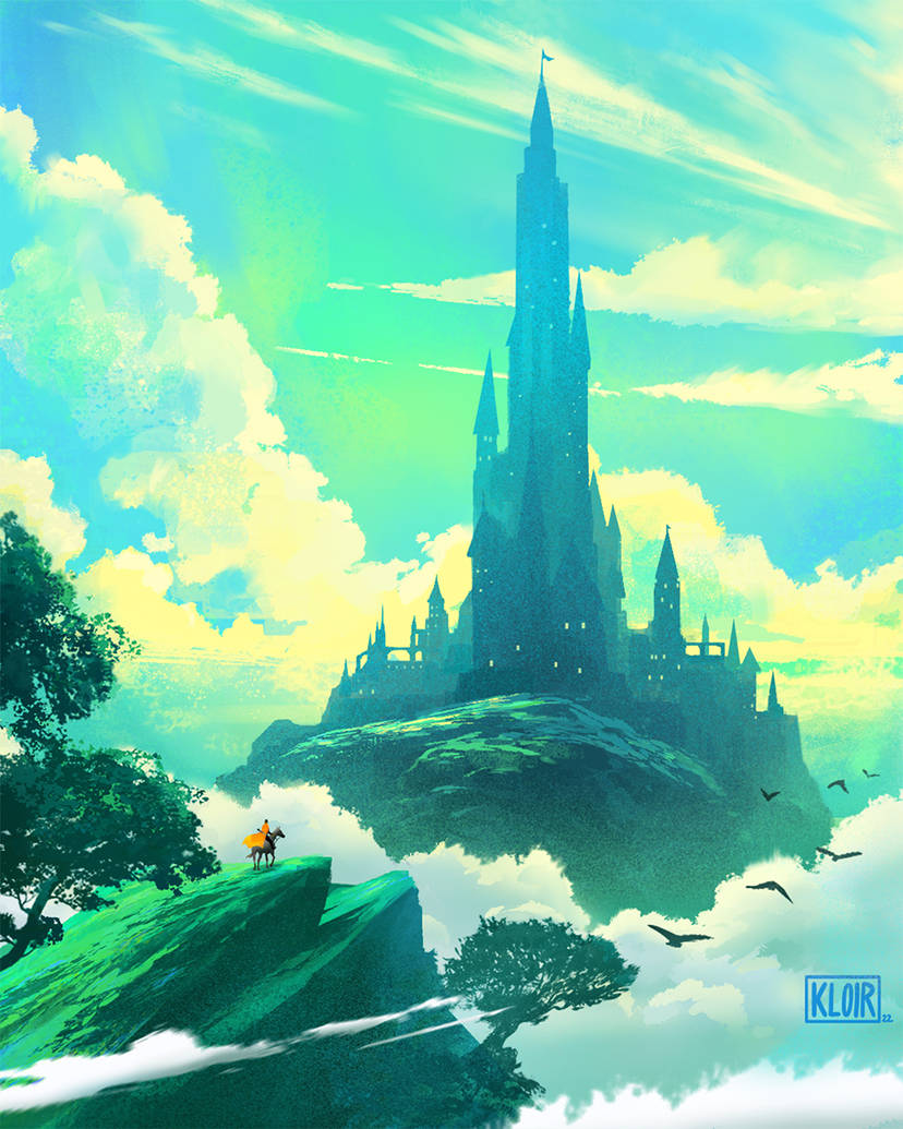 bird, cape, castle, cliff, cloud, commentary, english_commentary, facing_away