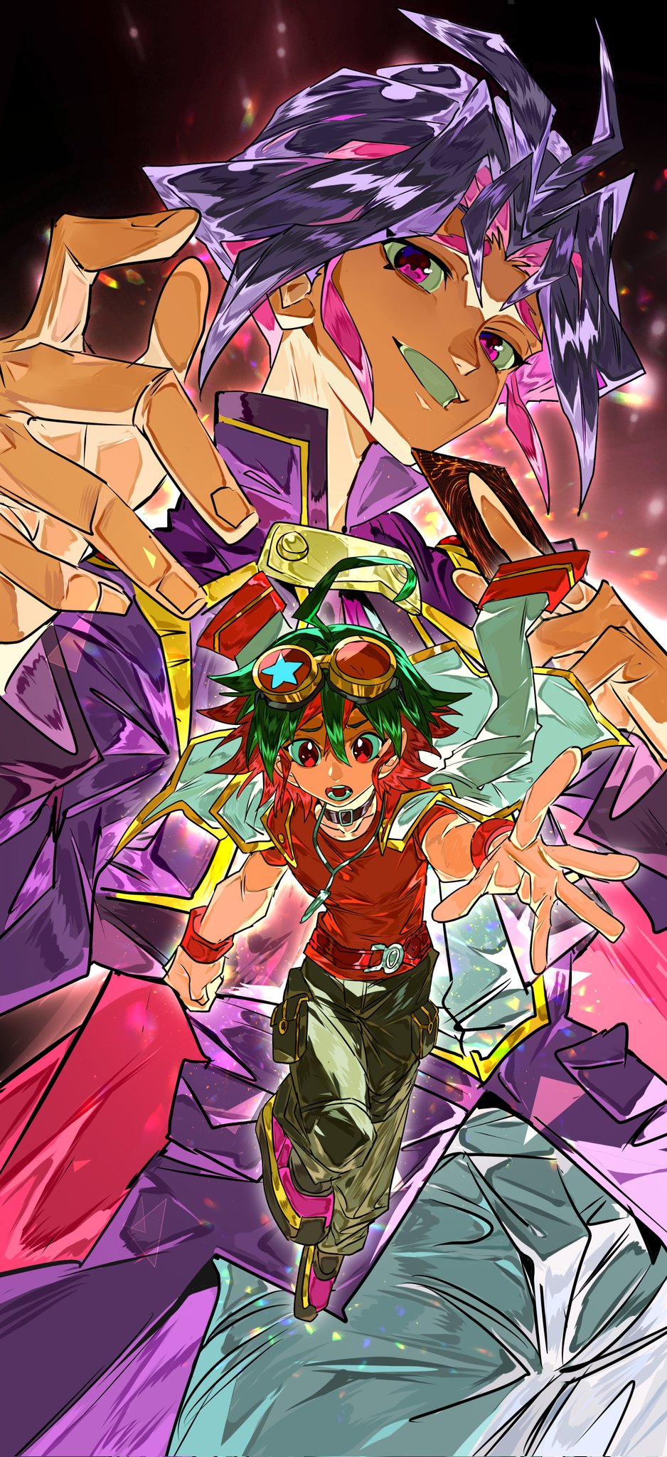 2boys, black_pants, card, choker, cropped_jacket, evarina55, goggles, goggles_on_head