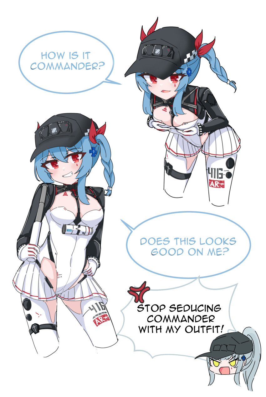 2girls, :d, absurdres, anger_vein, angry, bent_over, blue_hair, blush, bodysuit, braid, breasts, chibi, cleavage, colphne_(girls'_frontline_2), cosplay, cross, facepaint, girls'_frontline, girls'_frontline_2:_exilium, gloves, grabbing_own_breast, green_eyes, grin, hair_between_eyes, hair_ribbon, hat, highres, hk416_(girls'_frontline), hk416_(girls'_frontline)_(cosplay), iron_cross, klukai_(girls'_frontline_2), klukai_(speed_star)_(girls'_frontline_2), leaning_forward, medium_breasts, medium_hair, multiple_girls, open_mouth, red_eyes, red_ribbon, ribbon, risu_(risu028), seductive_smile, small_breasts, smile, smug, solo, solo_focus, teardrop, teasing, thigh_strap, white_bodysuit, white_hair