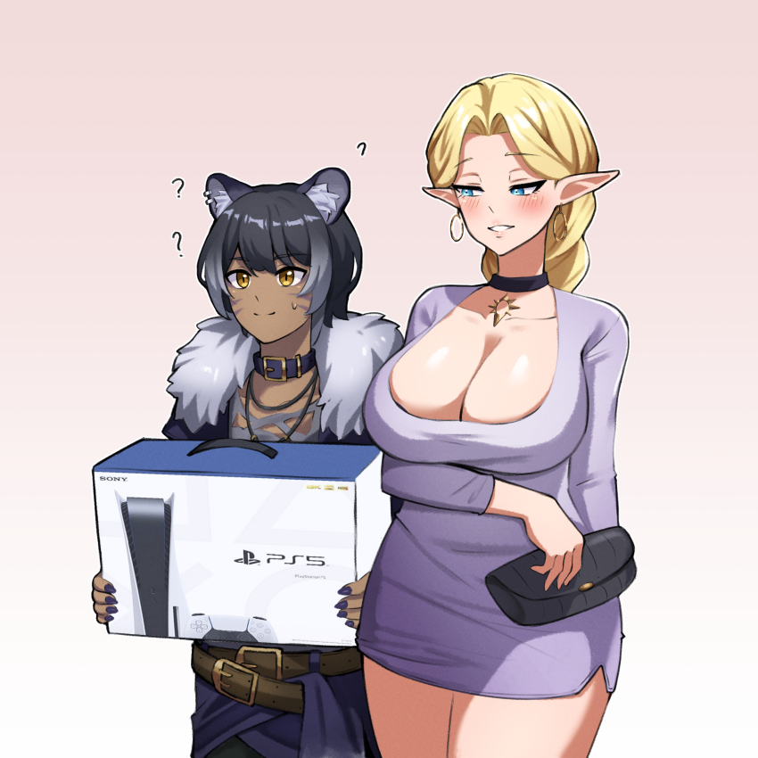 1boy, 1girl, ?, absurdres, animal_ears, baku, blonde_hair, blush, breasts, cleavage, clueless, colored_skin, dark-skinned_male, dark_skin, dress, elf, ephildis_agraliel, game_console, gradient_background, green_eyes, highres, jewelry, large_breasts, oneeyedliger, pink_background, playstation_5, pointy_ears, queen, shimazu_baku, silver_dress, simple_background, sony, source_request, tiger_boy, tiger_ears, white_background, white_lady