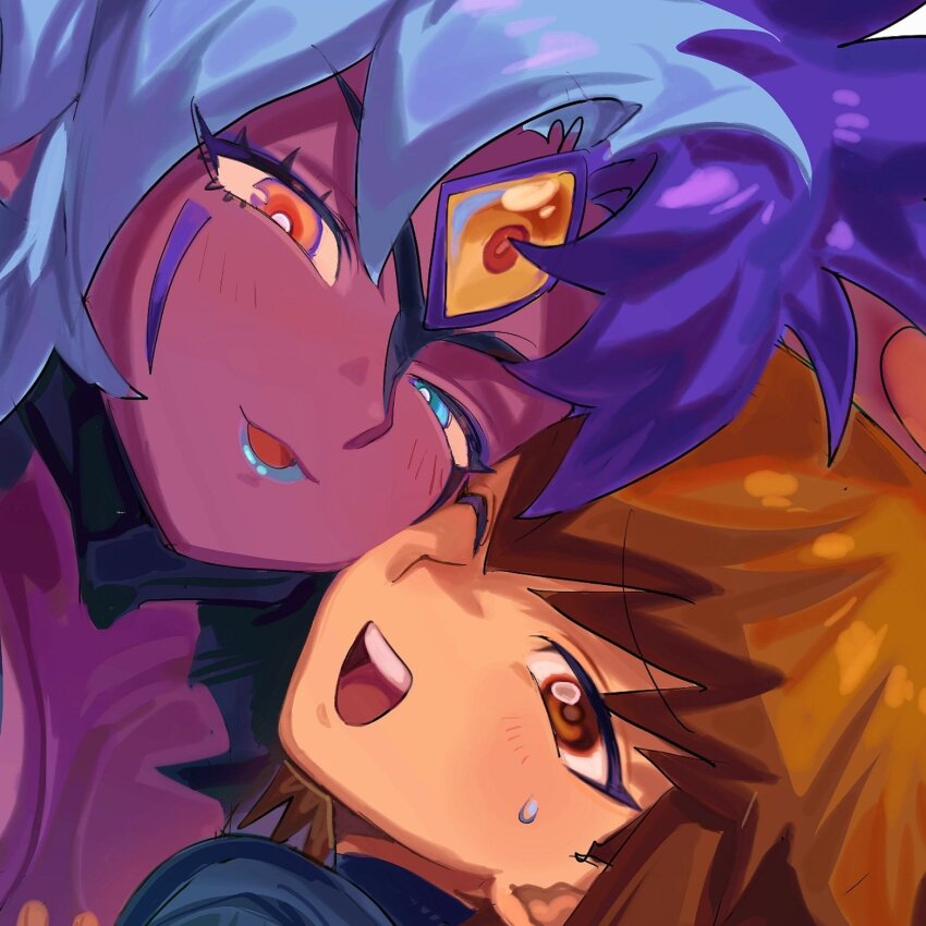 1boy, 1other, blue_eyes, blue_hair, blue_lips, brown_eyes, brown_hair, colored_sclera