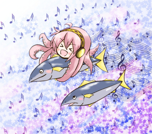 >_<, :d, closed_eyes, dokusonin, fish, megurine_luka, musical_note, musical_staff