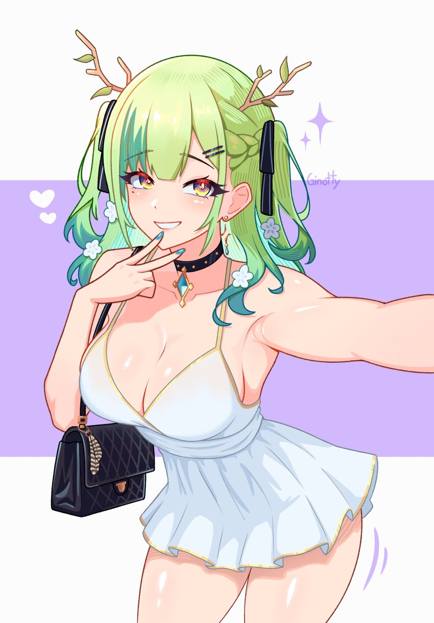 1girl, absurdres, alternate_costume, antlers, armpits, artist_name, bag, bare_shoulders