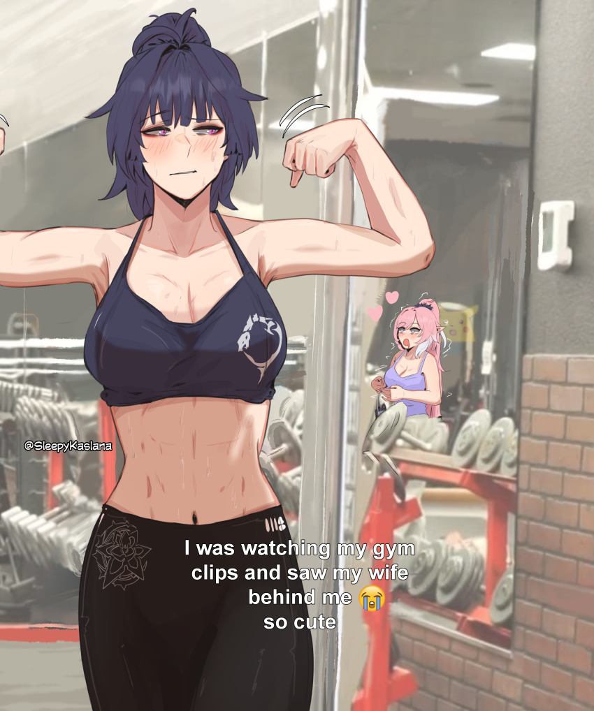 2girls, absurdres, black_bra, black_leggings, blush, bra, breasts, cleavage, commentary, drooling, dumbbell, elysia_(honkai_impact), english_commentary, english_text, fitness_gym, flexing, heart, high_ponytail, highres, honkai_(series), honkai_impact_3rd, large_breasts, leggings, linea_alba, midriff, mirror, mouth_drool, multiple_girls, navel, open_mouth, photo_background, pink_hair, ponytail, purple_eyes, purple_hair, purple_tank_top, raiden_mei, signet_of_ego, tank_top, underwear, zanqi