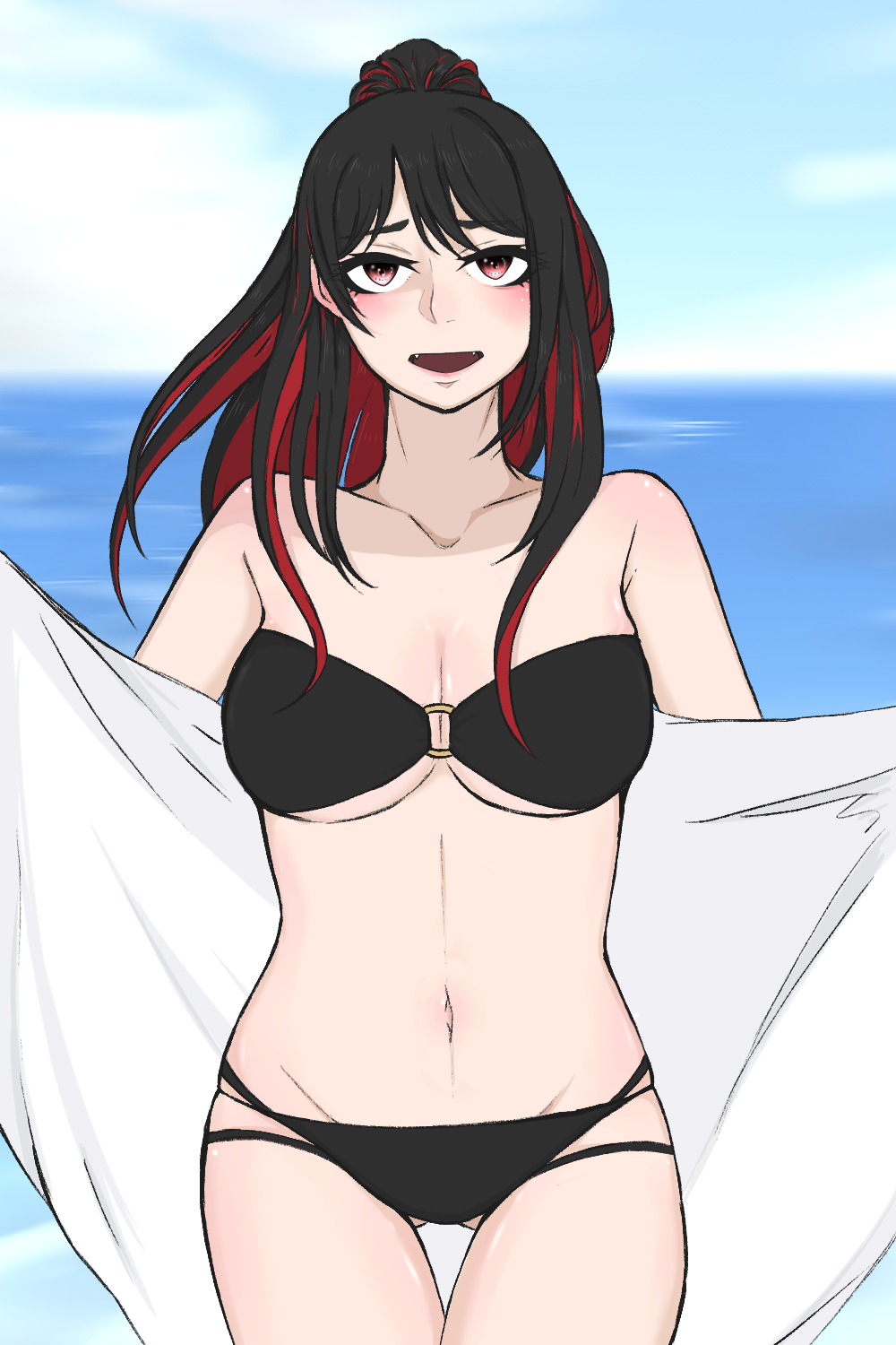 1girl, bikini, black_bikini, black_hair, high_ponytail, highres, kamo_nova, looking_at_viewer