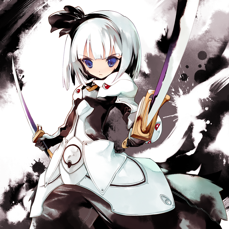 1girl, arc_system_works, bad_id, bad_pixiv_id, blazblue, blazblue:_calamity_trigger, blue_eyes, bodysuit, cosplay, dual_wielding, female_focus, frown, gloves, hair_ribbon, hairband, hakumen, hakumen_(cosplay), holding, katana, konpaku_youmu, md5_mismatch, ribbon, serious, short_hair, solo, sumi_keiichi, sword, tanto, touhou, weapon, white_hair