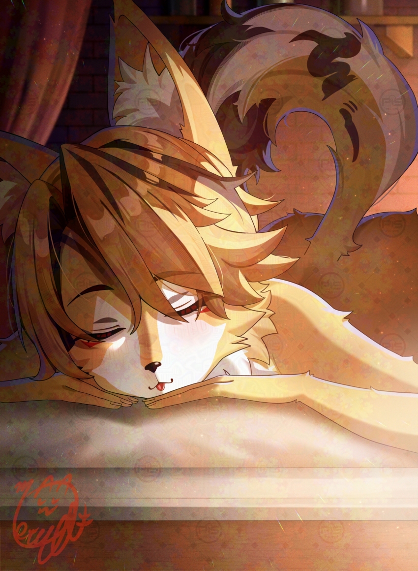 1girl, adversarial_noise, animal_ear_fluff, animal_ears, ass, blonde_hair, cat_ears, cat_girl, cat_tail, closed_mouth, furry, furry_female, highres, lying, motusii, on_stomach, open_mouth, pulchra_fellini, short_hair, smile, solo, tail, yellow_fur, zenless_zone_zero