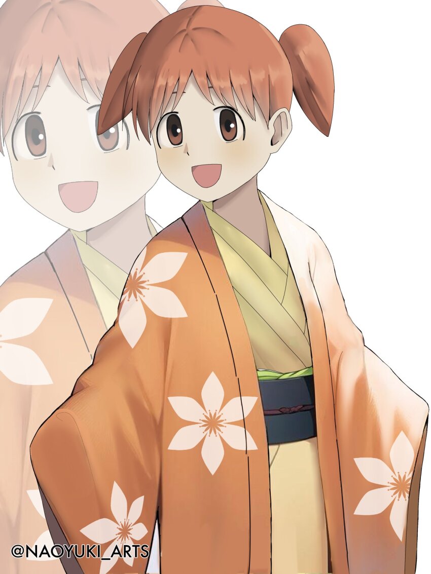 1girl, :d, artist_name, azumanga_daiou, belt, black_belt, black_sash, blush, brown_eyes, commentary, cowboy_shot, english_commentary, floral_print, floral_print_jacket, floral_print_kimono, furisode_sleeves, haori, highres, jacket, japanese_clothes, kimono, light_blush, long_sleeves, looking_at_viewer, mihama_chiyo, naoyuki_arts, obi, obijime, open_clothes, open_jacket, open_mouth, orange_hair, orange_haori, orange_jacket, print_kimono, sash, short_hair, short_twintails, sleeves_past_fingers, sleeves_past_wrists, smile, solo, standing, twintails, twitter_username, white_background, wide_sleeves, yellow_kimono, zoom_layer