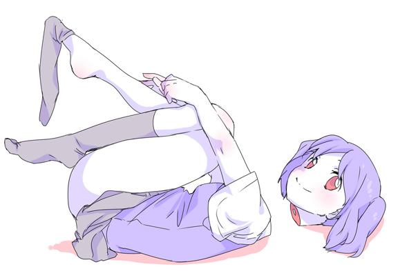 00s, 1girl, barefoot, bokusatsu_tenshi_dokuro-chan, decapitation, feet, female_focus, haida_monako, headless, knees_to_chest, living_dead!, mitsukai_dokuro, purple_hair, red_eyes, sato99, sato_(99yen_kin'itsu), school_uniform, severed_head, skirt, sock_pull, socks, solo, sweater_vest
