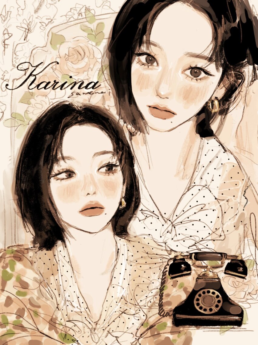 1girl, aespa, artist_name, black_hair, blush, closed_mouth, earrings, flower