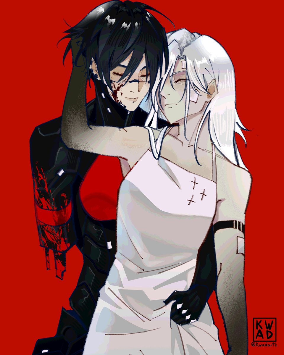 1girl, 2girls, amputee, android, ariane_yeong, black_hair, blood, camisole