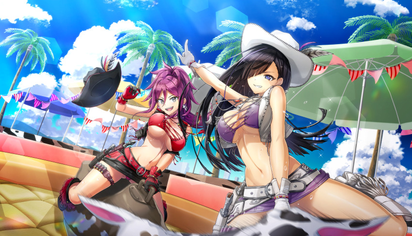 animal_head, animal_print, black_hair, black_vest, blue_eyes, boots, bouncing_breasts, breasts