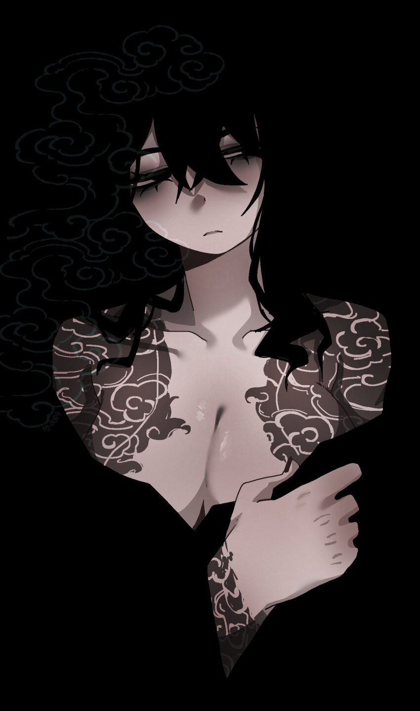 1girl, bags_under_eyes, bare_shoulders, black_eyes, black_hair, black_kimono, blending, breasts