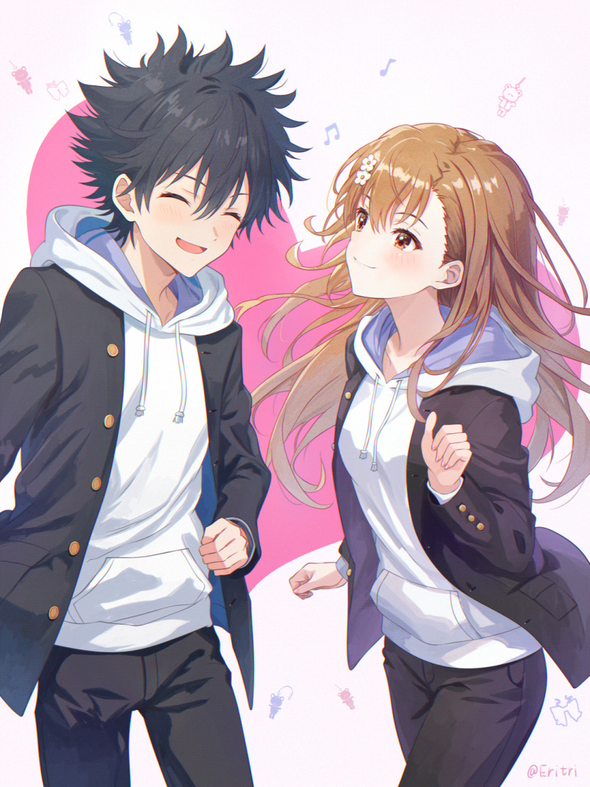 1boy, 1girl, :d, alternate_hair_length, alternate_hairstyle, asymmetrical_bangs, black_hair, black_jacket, black_pants, brown_eyes, brown_hair, closed_eyes, commentary, commentary_request, english_commentary, eritri, eye_contact, gekota, gekota_(character), hair_ornament, hairpin, heart, heart_background, highres, hood, hood_down, hoodie, jacket, kamijou_touma, long_hair, looking_at_another, matching_outfits, misaka_mikoto, mixed-language_commentary, open_mouth, pants, revision, short_hair, smile, spiked_hair, toaru_majutsu_no_index, toaru_majutsu_no_index:_new_testament, white_hoodie