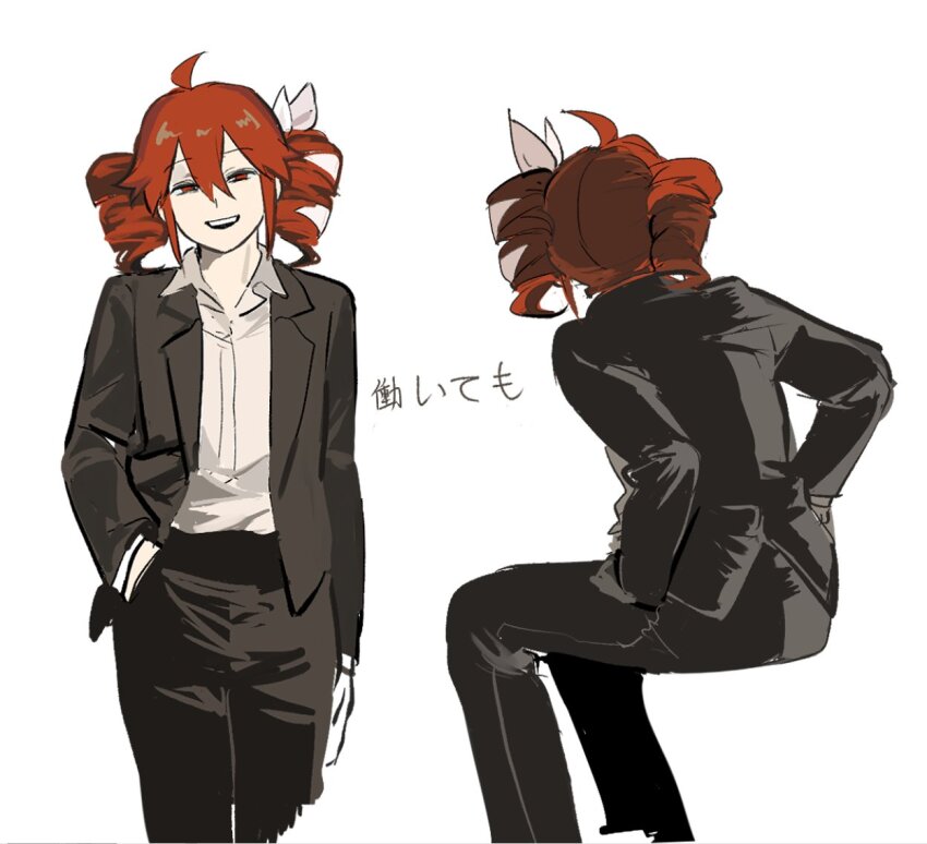 1girl, ahoge, black_jacket, black_pants, bow, collared_shirt, drill_hair, hair_bow, hataraite_mo_(synthesizer_v), huan1034097, jacket, kasane_teto, kasane_teto_(sv), lapels, long_sleeves, looking_at_viewer, multiple_views, notched_lapels, open_mouth, pants, red_eyes, red_hair, shirt, sidelocks, sitting, smile, synthesizer_v, translation_request, twin_drills, white_bow, white_shirt