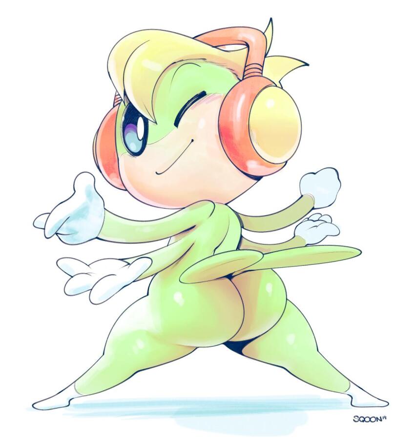 1boy, 2019, ass, blonde_hair, blue_eyes, bug, colored_skin, extra_arms, full_body, grasshopper, green_skin, headphones, highres, huge_ass, insect, legs_apart, looking_back, one_eye_closed, outstretched_arms, signature, smile, solo, spread_legs, sqoon, tail, tempo, tempo_(character), white_background, wink