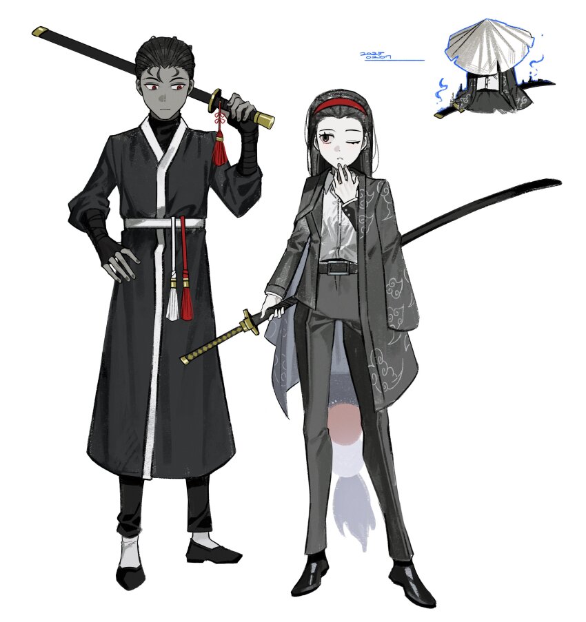 1girl, 2boys, absurdres, aeng-du_(project_moon), asdf1211950, bamboo-hatted_kim, black_coat, black_hair