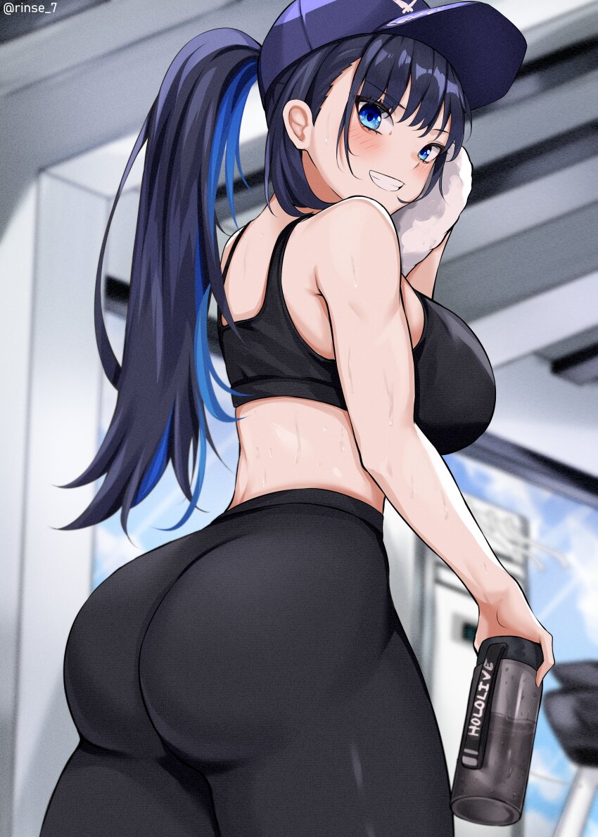 1girl, absurdres, alternate_costume, armpits, ass, ass_focus, bare_shoulders, baseball_cap, black_hair, black_pants, black_sports_bra, blue_eyes, blue_hair, blurry, blurry_background, blush, bottle, breasts, colored_inner_hair, copyright_name, fitness_gym, from_behind, grin, hat, high_ponytail, highres, holding, holding_bottle, holding_towel, hololive, hololive_english, huge_ass, indoors, large_breasts, long_hair, looking_at_viewer, midriff, multicolored_hair, ouro_kronii, pants, ponytail, rinse_7, smile, solo, sports_bottle, sports_bra, sweat, teeth, towel, turning_head, twitter_username, two-tone_hair, virtual_youtuber, wiping_sweat, yoga_pants