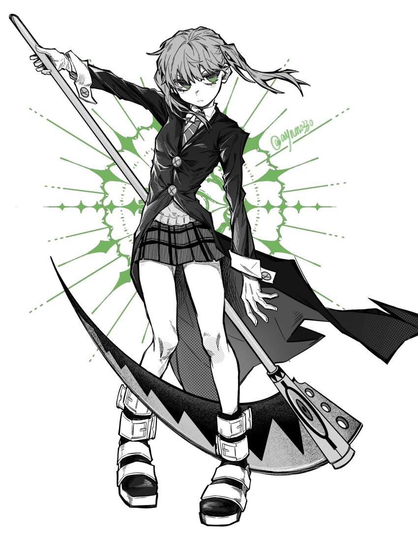 1girl, artist_name, aynm010330, boots, buttons, closed_mouth, commentary, empty_eyes